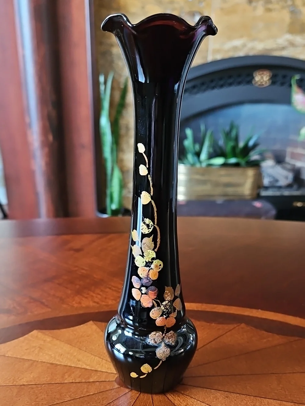 Art Deco Black Amethyst Hand Painted Enamel Floral Gold Ruffled Fluted Bud Vase